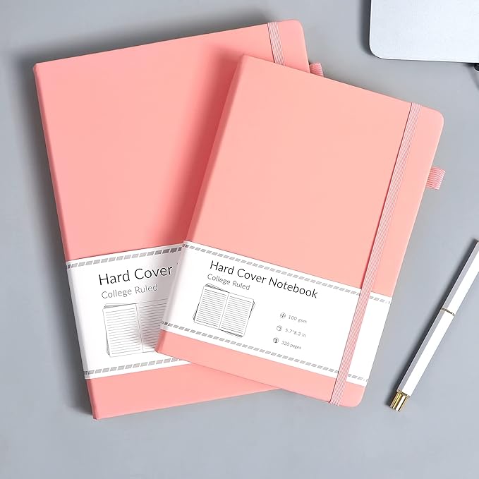 CAGIE Pink Journal Notebook for Women, 320 Pages College Ruled Notebook, 100 Gsm Paper Thick Lined Journal, A5 Hardcover Leather Journals for Writing, 5.7x8.3 In