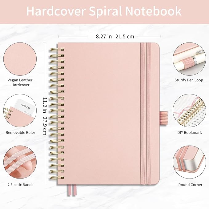 EMSHOI Spiral Notebook College Ruled, 300 Numbered Pages, A4 Large Hardcover Leather, 100 GSM Thick Lined Journal for Women Men Work Writing Journaling Note Taking, 8.27" x 11.2", Rose Gold