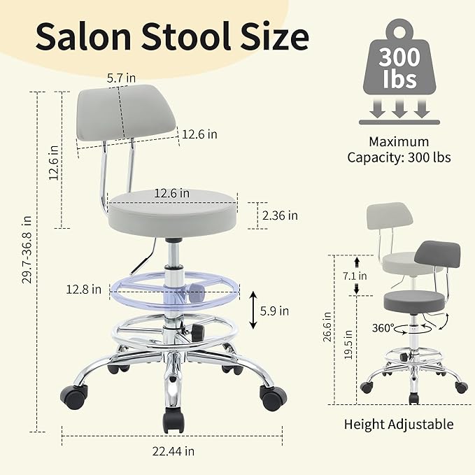 Rolling Massage Chair, Height Adjustable Salon Stool with Wheels 19.5’’-26.6’’, Gray Guitar Stool (Gray)
