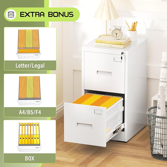 Crownland Lateral File Cabinet with 2 Drawers, 15" W Metal Lockable Office File Cabinets for Home Office- Stores Letter/Legal/A4/F4 Files(White)