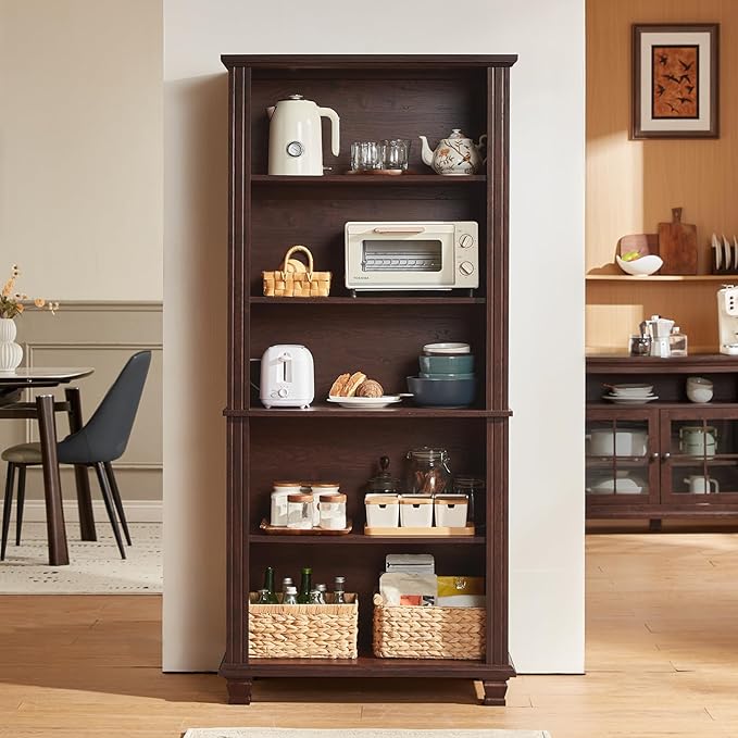 70" Tall Walnut Bookshelf,5 Tier Wooden Book Shelf with Adjustable Shelves & Wood Legs,Free Standing Farmhouse Bookcase with Open Display Storage,Vintage Bookshelves for Classroom, 3PCS