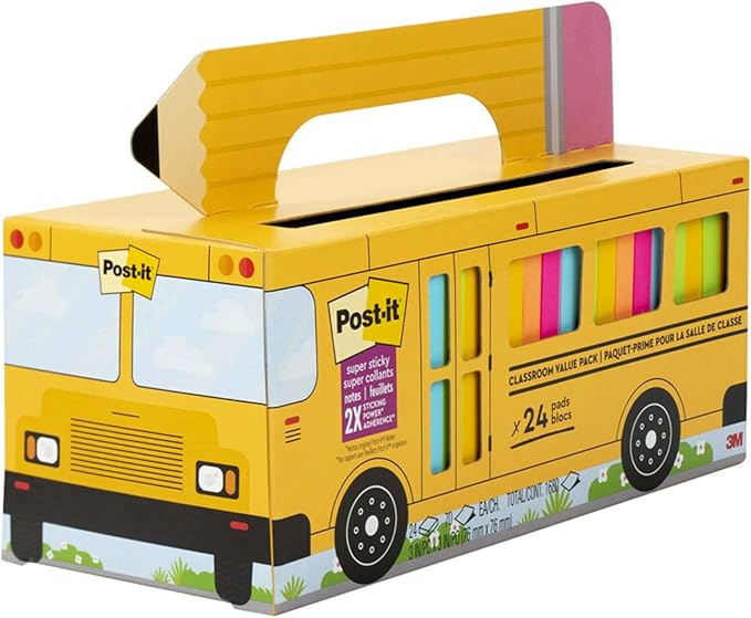 Post-it Super Sticky Notes Value Pack, 24 Pads, Convenient School Bus Carry and Storage Case, 2X The Sticking Power, 3x3 in, Bright Colors (Orange, Pink, Blue, Green, Yellow), Recyclable (654-24SSBUS)