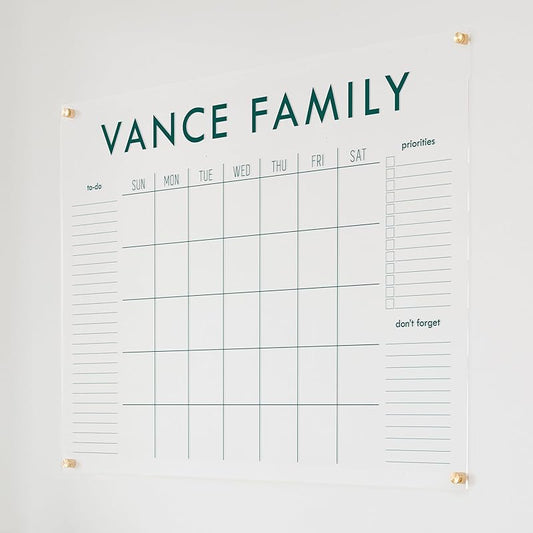 Personalized Clear Acrylic Calendar for Wall, Calendar Whiteboard for Wall, Dry Erase Wall Calendar, Wall Calendar Organizer System for Home (Block, Jade, 47.5"W x 36"H)