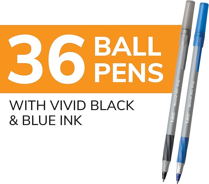 BIC Round Stic Grip Xtra Comfort Assorted Colors Ballpoint Pens, Medium Point (1.2mm), 36-Count Pack, Perfect Writing Pens With Soft Grip for Superb Comfort and Control