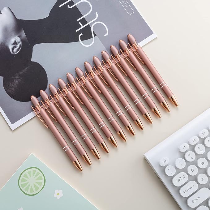 PASISIBICK 12 Pieces Rose Gold Ballpoint Pen with Stylus Tip, 2 in 1 Rose Gold Stylus Pens Stylish Pen, Metal Stylus Pen for Touch Screens, 1.0 mm Black Ink(Pack of 12)