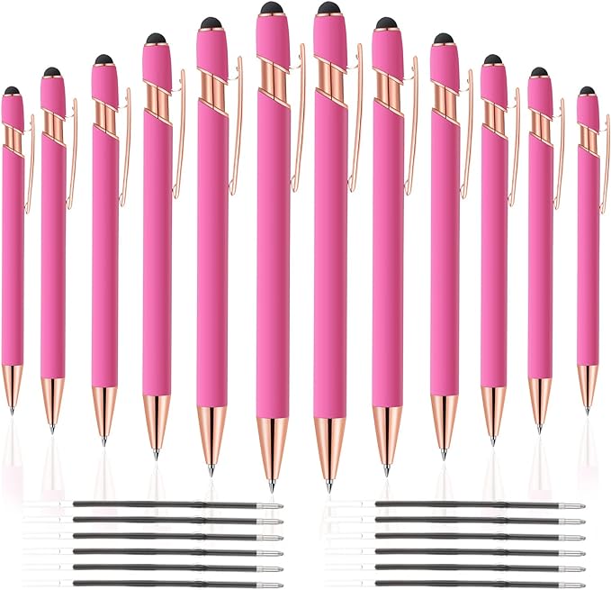 12 PCS 2 in 1 Stylus Ballpoint Pen with Stylus Tip, 1.0 mm Black Ink Metal Pen Stylus Pen for Touch Screens (Rose Gold & Pink)