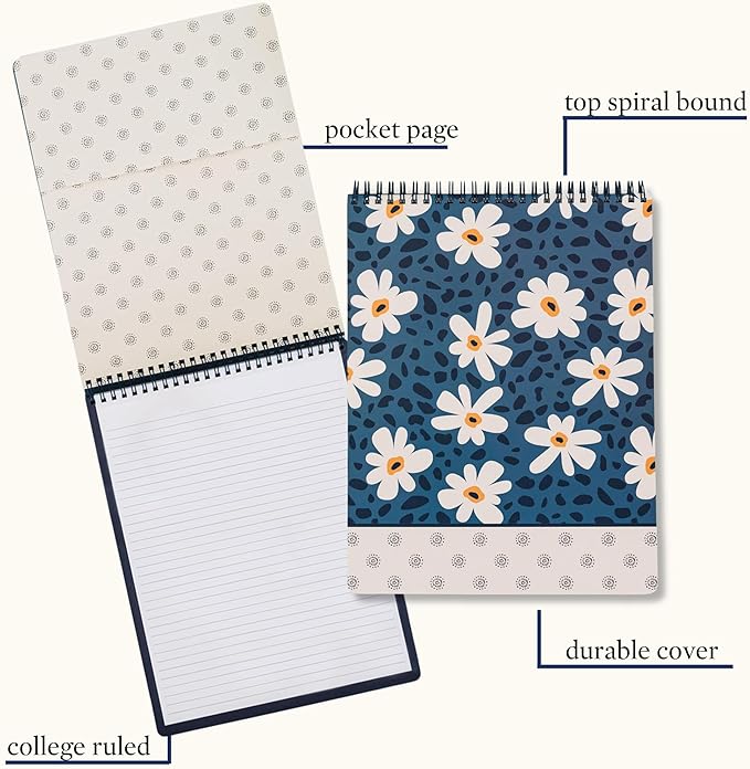 Steel Mill & Co Large Top Spiral Notebook College Ruled, 11" x 8.5" with Durable Hardcover and 160 Lined Pages (Leopard Daisy)