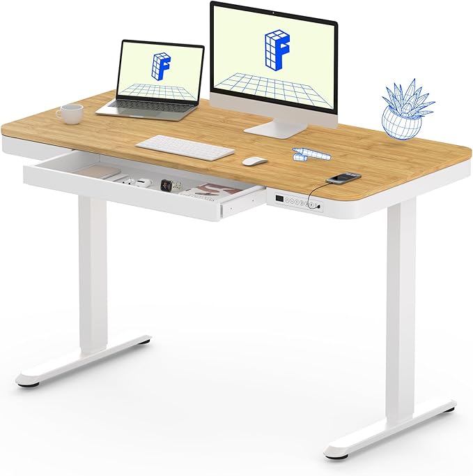 FLEXISPOT Comhar Electric Standing Desk with Drawer Desktop & Adjustable Frame w/USB Charge Ports (Bamboo Texture/White, Wood)