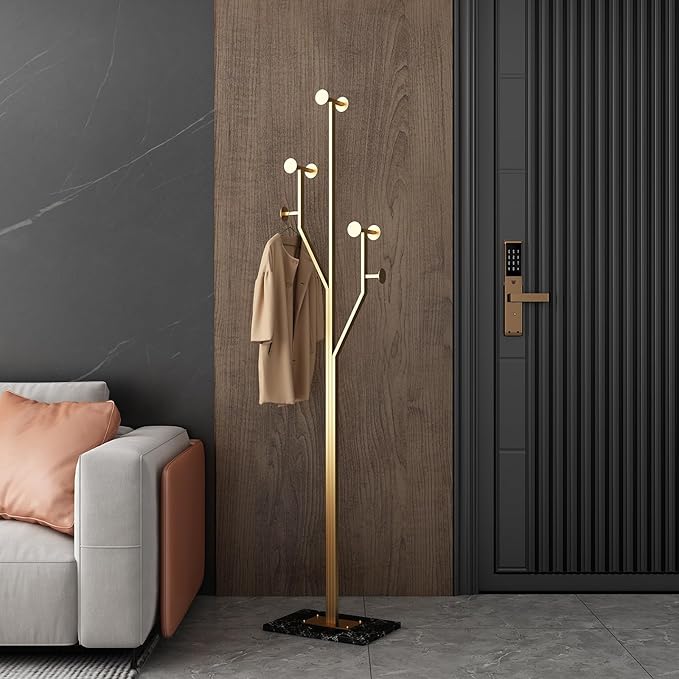Heavy Duty Coat Rack Tree-shaped Metal Freestanding Coat Tree with Sturdy Marble Base Corner Coat Rack for Bedroom Entryway Hallway 14.96 x 10.24 x 68.9 Inches (Gold)