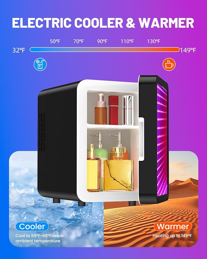 Skincare Fridge - 4L Mini Fridge with Thousand-layer Mirror of 12 Color Adjustable LED Lights, Cooler and Warmer, Beverage Cooler for Bedroom, Gaming Room, Office and Car, Black