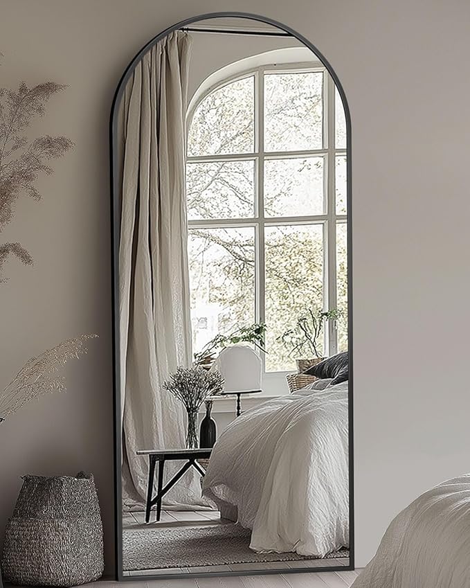Full-Length Floor Mirror with Stand, 58"x19" Arched Style Full Body Standing Mirror for Bedroom, Living Room, Gym, Dorm - Shatter-Resistant & Easy Assembly, Black