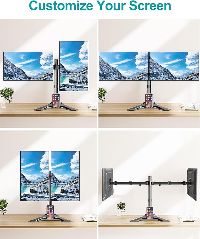 MOUNT PRO Dual Monitor Stand, Free-Standing Full Motion Monitor Desk Mount Fits 2 Screens up to 27 inches,17.6lbs with Height Adjustable, Swivel, Tilt, Rotation, VESA 75x75 100x100, Black