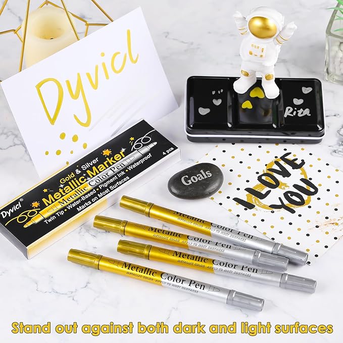 Dyvicl Metallic Marker Pens Dual Tip, Permanent Metallic Silver and Gold Paint Pens for Black Paper, Wine Glass, Rock Painting, Christmas Card Making, Scrapbook, DIY Art Crafts, Set of 4