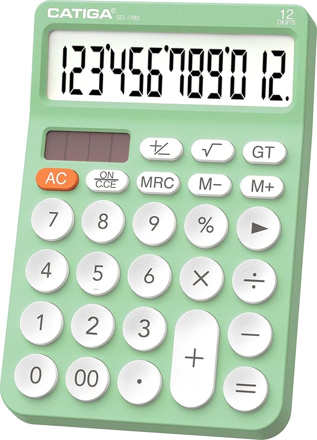 CATIGA 12 Digit Desktop Calculator Basic Desk Calculator with Large LCD Display, Big Buttons, 4 Function, Solar and Battery Dual Power, for Office, School, Home, SD-1292 Mint
