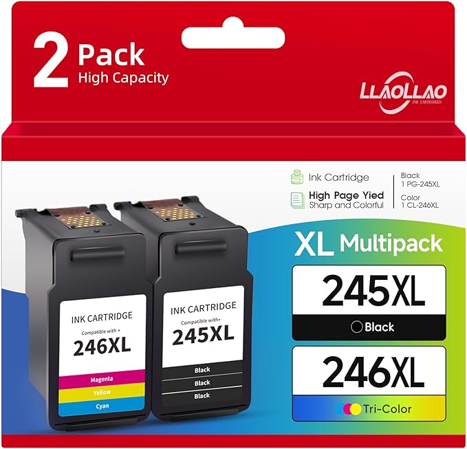 LLAOLLAO Remaunfactured Ink Cartridge Replacement for Canon 245XL 246XL Combo Pack PG-245 CL-246 for Pixma MX490 MX492 TR4520 MG2522 TS3322 TS202 TR4522 MG2920 Printer (1 Black, 1 Color)