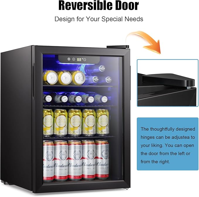 Antarctic Star Beverage Refrigerator Cooler-85 Can Mini Fridge Glass Door for Soda Beer Wine Stainless Steel Glass Door Small Drink Dispenser Digital Display for Home, Office Bar,2.4cu.ft