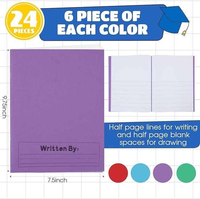 Henoyso 24 Pcs Primary Composition Notebook K-2 9 3/4 x 7 1/2 Inch Primary Journal, Back to School Supplies, Bulk Blank Writing Book for Kid to Write Draw Journal 60 Page Notebooks (Mixed Color)