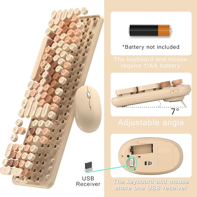 Colorful Wireless Computer Keyboard and Mouse Combo with Round Typewriter Keycaps, Retro Design, Power Switch, Ergonomic Design, 2.4GHz Wireless for Windows, Mac, PC(Milk-Tea Colorful)