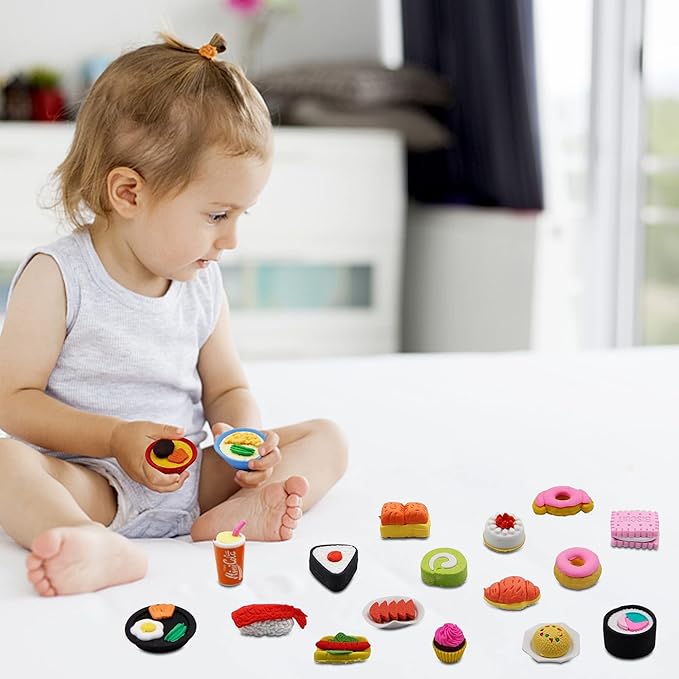 72 Pcs Assorted Food Pencil Erasers Toy Set, Cake Dessert Fruit Puzzle Erasers Toys for Kids Reward Party Favors (Food)