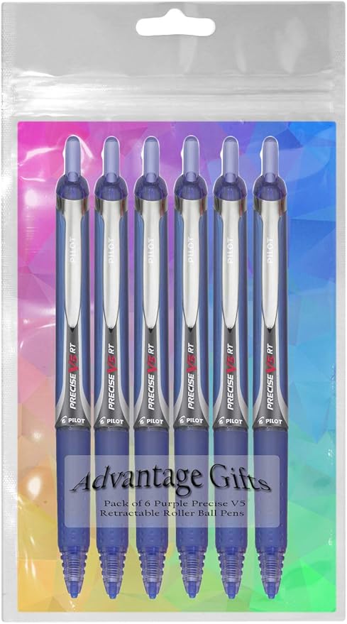 Precise V5 RT Retractable Rolling Ball Pens, Extra Fine Point (.5mm), Blue Ink, 6-pk; Premium Comfort Grip, Bundle with Plastic Reusable Pouch