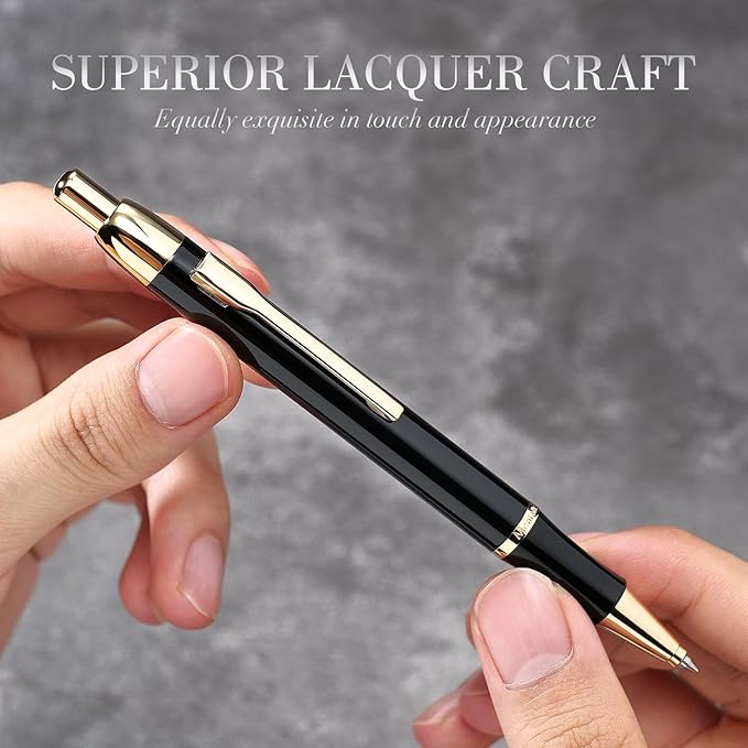 Black Gel Pen With 24K Gold Finish, Fine lacquer work, Best Men's And Women's Gift Pen Set, Professional, ADMOK Black Refill, Smooth Writing, Executive, Office, Click, Nice Retractable Pens