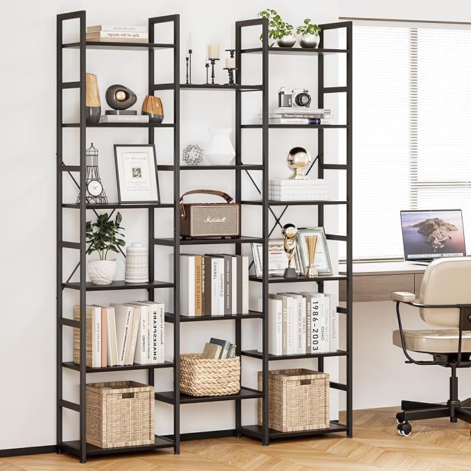 NUMENN Triple Column 6 Tier Bookshelf, Bookcase with 17 Open Display Shelves, Adjustable Rustic Industrial Style Book Shelves, Modern Bookshelves for Bedroom, Living Room and Home Office, Black
