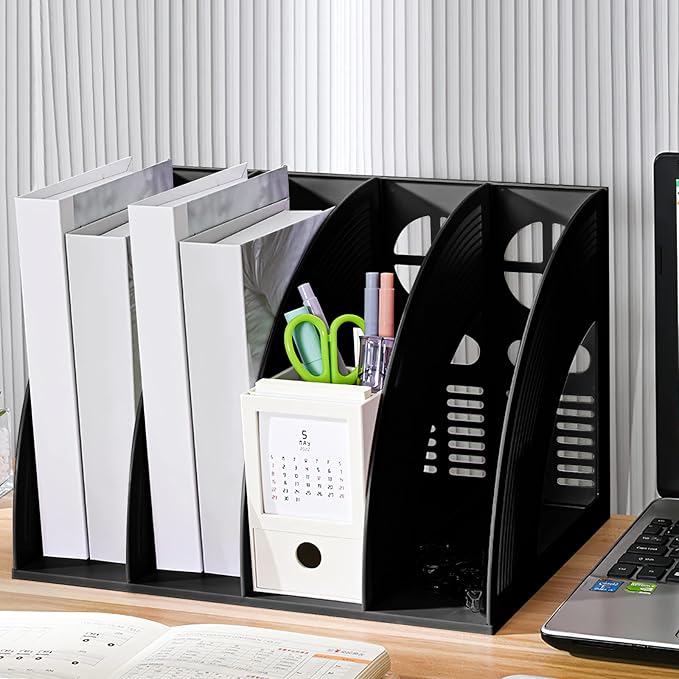 SAYEEC File Holder Storage Folder 4 Compartment Standing Desktop Hollow Organizer Black Files Shelf Frame Thicken Plastic Paper Notebook Magazine Bookstore for Office School Supplier Students
