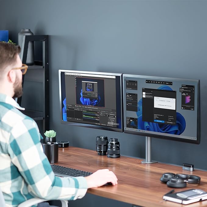 VIVO Dual Monitor Desk Mount, Heavy Duty Fully Adjustable Steel Stand, Holds 2 Computer Screens up to 30 inches and Max 22lbs Each, Gray Color, STAND-V002-GY