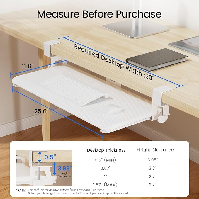 Large Keyboard Tray Under Desk Slide Out with Extra Sturdy C Clamp Mount System,26'' (30'' including Clamps) x11 Slide-Out Keyboard Drawer Under Desk for Typing,Keyboard Mouse Tray,White