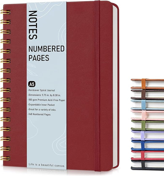 Lined Spiral Journal Notebook, A5 Hardcover Spiral Journals for Women Men, 150 Numbered Pages Spiral Bound Notebook, 100 GSM College Ruled Notebooks for Writing Note Taking 5.75" x 8.38", Wine Red
