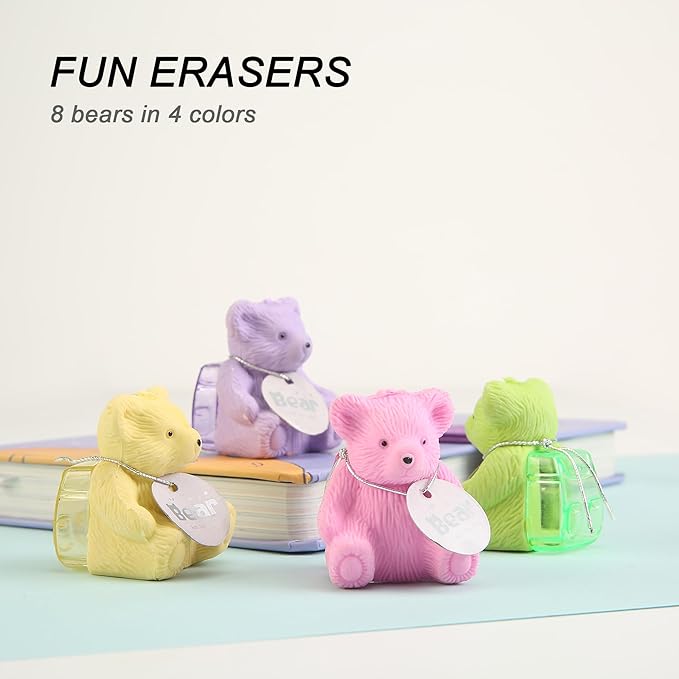 8Pcs Cute Backpack Bear Erasers Desk Pets for Kids, Kawaii Fun Animal Erasers with Pencil Sharpener for School Classroom Supplies Prize Gifts Party Favors