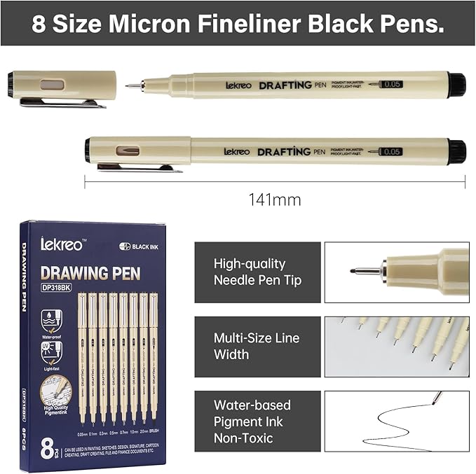 Micron 8 Counts Fineliner Pens - Archival Black Ink Pen - Assorted Points Sizes 0.05mm to 2mm Ultra Fine Tips & Brush Pens for Writing, Drawing, or Bullet Journaling (8 Point Sizes)