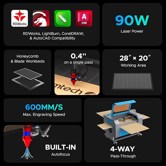 OMTech 90W CO2 Laser Engraver, 20x28 Inch Laser Engraving Machine with Autofocus Autolift 4 Way Pass Air Assist Water Pump, Commercial Laser Cutter Cutting Etching Machine for Wood Glass Acrylic More