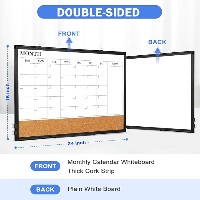 Monthly Calendar Whiteboard Dry Erase Cork Board Combo, 24" x 18" Magnetic Double-Sided Calendar White Board and Bulletin Board with Black Aluminium Frame, Portable Whiteboard for Office, Home, School