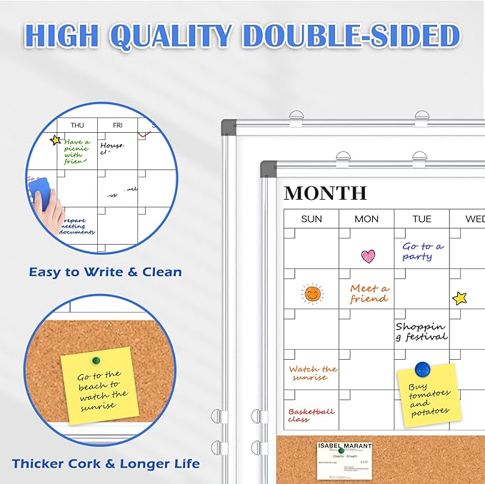 Monthly Calendar Whiteboard Dry Erase Cork Board Combo for Wall, 24" x 18" Double-Sided Calendar White Board and Bulletin Board, Portable Board for Office, Kitchen, School, Home
