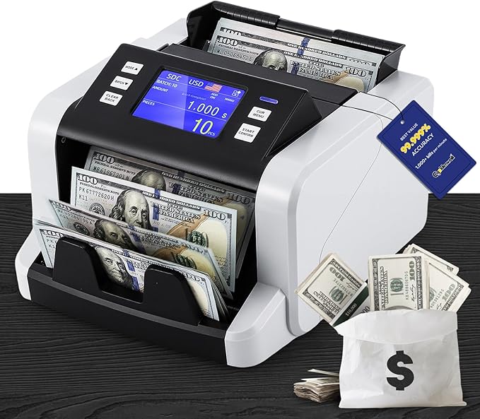 CGOLDENWALL Mixed Denomination Money Counter Machine, Touchscreen Value Counter, 1500Bills/min Cash Counting, UV/MG/IR/DD Detection, Multi-Currency & Modes Bill Counter for Business
