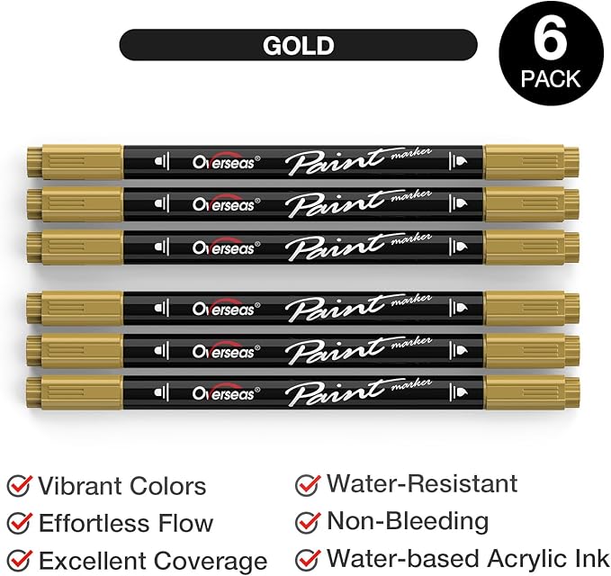 Overseas Gold Acrylic Paint Markers, 6 Pack Dual Tip Paint Pens Acrylic Markers - Dot and Brush Tip Gold Pens for Wood, Rock, Canvas, Glass, Metal, Plastic, Rubber, Fabric, School Supplies