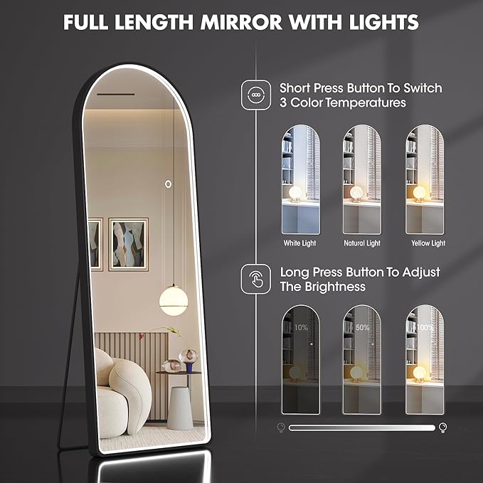 Hasipu 65" X 24" Full Length Mirror with Lights, Black Frame Arch Led Mirror Full Length and 3 Colors Temperatures & Brightness Adjustable,Light Up Mirror Full Body for Bedroom Cloakroom Living Room