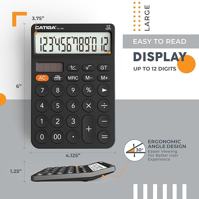 CATIGA 12 Digit Desktop Calculator with Large LCD Display, 4 Funtions Calculator, Round Design Big Button, Solar and Battery Dual Power, Standard Function for Office, Home, School, SD-1292