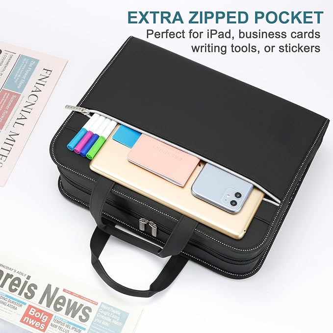 SEEKIND PU Leather Accordian File Organizer 26 Pockets, Expanding File Folder with Handle, Portable Document Organizer Accordion File Keeper for Letter Size / A4 File, for Office, School-Black