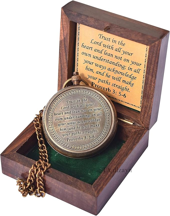 Trust in The Lord With All Your Heart - Proverbs 3:5-6 Quote Engraved Compass With Wooden Box, Greeting Card, Gift Compass, Graduation Day Gifts 2024 for Women Men Boys Girls