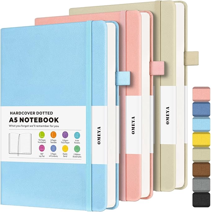 Dotted Journal Notebook 3 Pack, A5 Hardcover Notebook with 120gsm Thick Dotted Paper, Leather Journals for Women, Men, Dot Grid Notebook Journal for Writing, Notebooks for Work, School, 5.75" × 8.38"