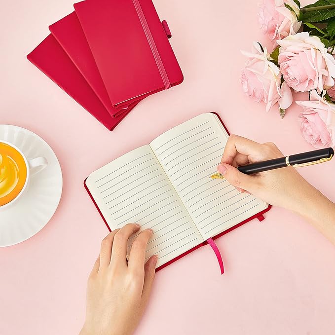 40 Pieces Small Notebooks A6 Pocket Journals 3.5 x 5.5 Inch Small Leather Notebook Mini Ruled Lined Journal with Elastic Band Pen Holder Page Marker Ribbons (Rose Red)