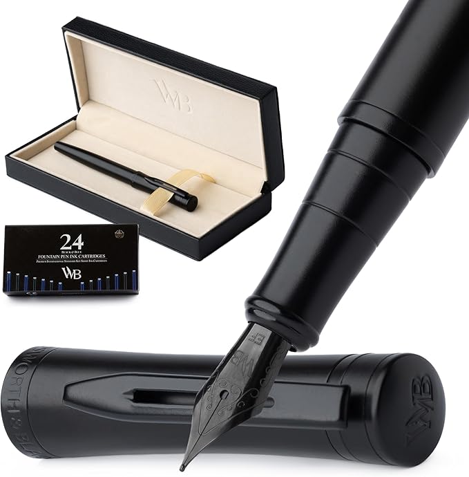 Wordsworth & Black Fountain Pen Set, Extra Fine Nib, Includes 24 Pack Ink Cartridges, Ink Refill Converter & Gift Box, Calligraphy, [All Black], Perfect for Men & Women