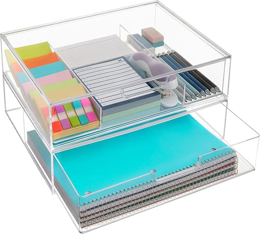STORi STAX Plastic Stackable Organizer Drawers (Set of 2) Clear | 12.5" Wide | Set Includes One Open Drawer & One Divided Drawer | Organize Office Desk Accessories & Sort Paper | Made in USA