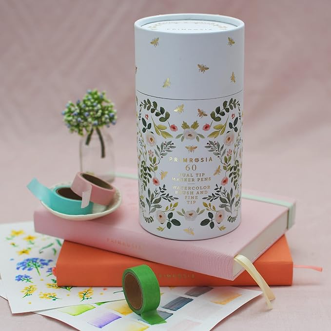 Primrosia 60 Dual Tip Marker Pens, Fineliner and Watercolor Brush Pens for Art Sketching Illustration Calligraphy Permanent Highlighter Bullet Journal Drawing Coloring