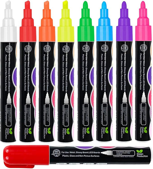 Liquid Chalk Markers Set (8 Pack), 6mm Reversible Thick & Chisel Tip, Wet Erase Paint Pens for Non Porous Blackboard Chalkboard, Car Glass Windows, School Business Supplies (8 Neon Color)