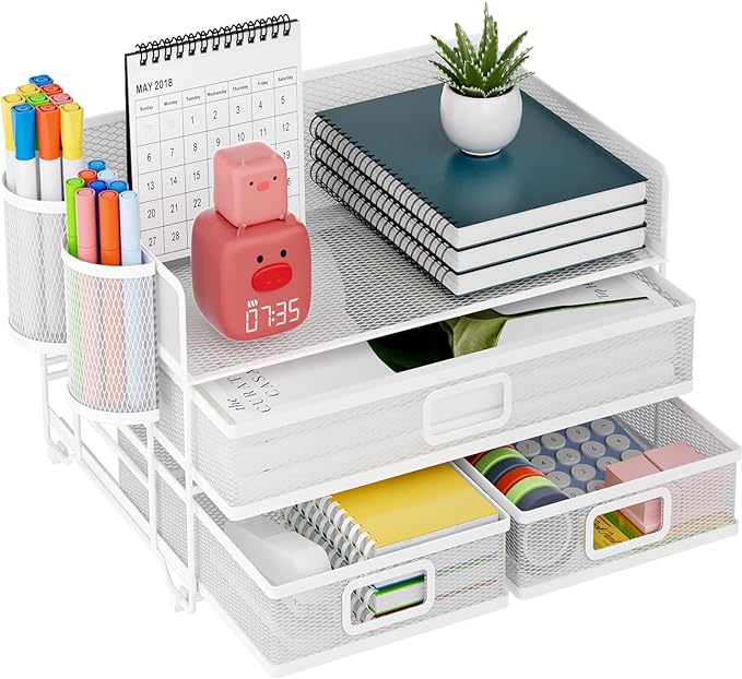 Marbrasse 3 Tier Mesh Desk Organizer with Drawer, Multi-Functional Desk Organizers and Accessories, Paper Letter Organizer with 2 Pen Holder for Home Office Supplies - White