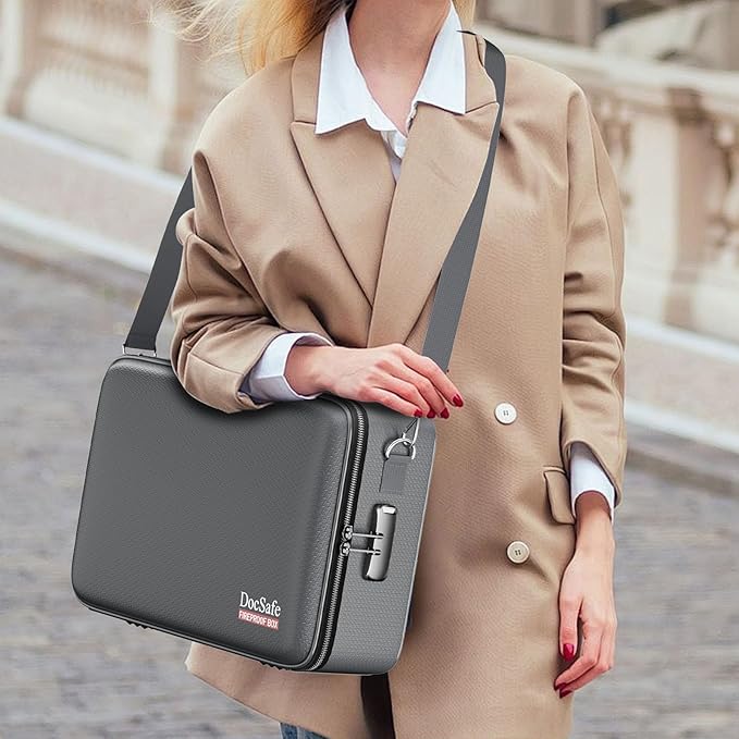 DocSafe Fireproof Document Box with Lock＆Shoulder Strap,Hard Case File Organizer with Accordion File Folder,Multi-Layer Portable Home Office Travel Safe Storage for Important Documents Laptop Gray