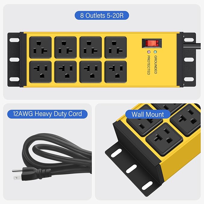 CCCEI 2PCS Heavy Duty Power Strip Surge Protector 20 AMP, 8 Outlets 12 Gauge Shop Garage Metal Multiple Outlets, 10 FT Extension Cord 5-15P Adapter High Amp 6-20R T-Slot 20a for Appliance Yellow.